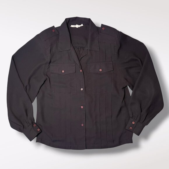 Vintage Black Button-Up Blouse Pleated Pockets 70s Poly Size Small - Picture 9 of 10